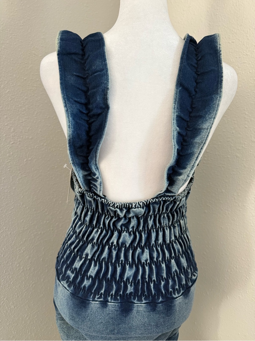 Acid Wash Denim Ruched Corset Ruffle Bodycon Mini Dress One Size NWT - Picture 6 of 8